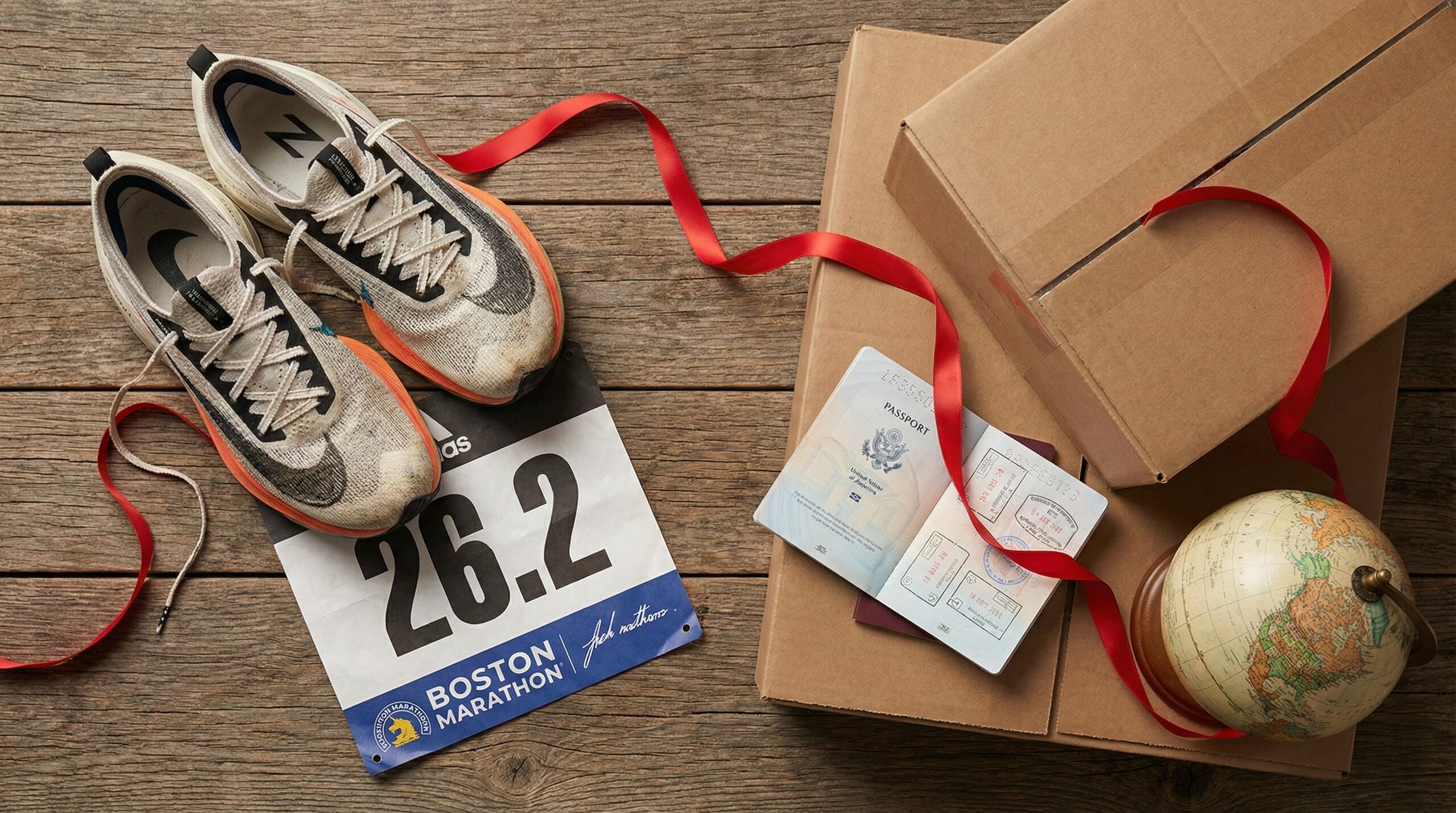 How are Global Relocation and Marathons Alike A flat-lay composition showing professional running shoes and a race bib alongside moving boxes, a passport, and a globe, connected by a red ribbon to symbolize the journey of global relocation.